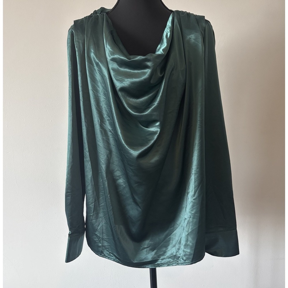 G.P.D Cowl Neck Women's Satin Blouse Size L Shoulder Pads Green Office Event NWT